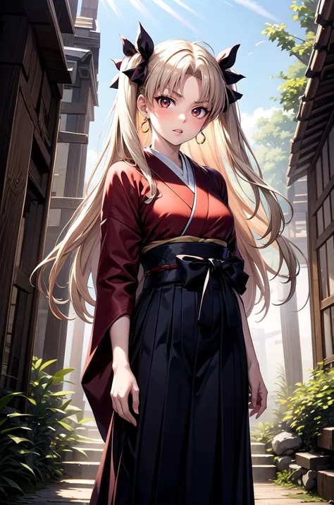 (masterpiece, best quality, detailed), 1girl, solo, looking at viewer, Ereshkigal, two side up, hair ribbon,
(samurai), japanese armor, kusazuri, sode, kote, sheath, japanese clothes, hakama, ruins, overgrown, rubble, pillar, outdoors, building, light rays, fog, contrapposto, parted lips, serious