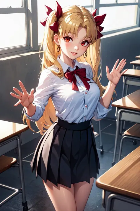 masterpiece, best quality, absurdres, Ereshkigal, two side up, hair ribbon, classroom, window, school uniform, dress shirt, pleated skirt, waving at viewer, smile, <lora:CHAR-EreshkigalV2:1>