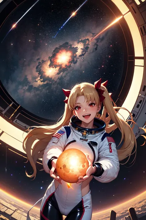 masterpiece, best quality, absurdres, Ereshkigal, two side up, hair ribbon, astronaut suit, dutch angle, wide shot, smile, laughing, window, space station, planet, earth, galaxy, space, universe, star, milky way, nebula, <lora:CHAR-EreshkigalV2:1>