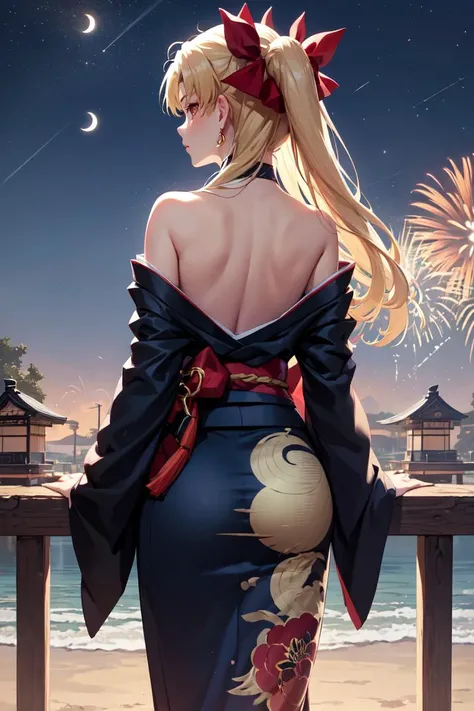 masterpiece, best quality, absurdres, Ereshkigal, two side up, hair ribbon, aurora, back, bare back, bare shoulders, bow, constellation, crescent moon, (facing away:1.3), fireworks, from behind, hair ornament, japanese clothes, kimono, light particles, long sleeves, off shoulder, <lora:CHAR-EreshkigalV2:1>