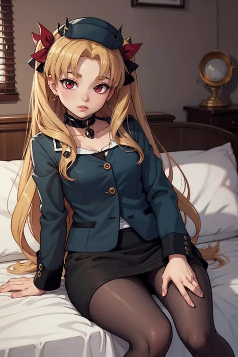 Ereshkigal, two side up, hair ribbon, EreshkigalTraveling, hat, bow choker, blue jacket, pencil skirt, black pantyhose,<lora:CHAR-EreshkigalV2:0.8>, Sitting on bed, leaning back, one knee lifted, <lora:blackgold-000008:0.8>, Soft Natural Light