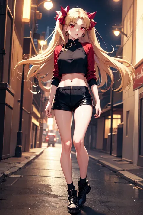 masterpiece, best quality, absurdres, Ereshkigal, two side up, hair ribbon, stylish outfit, hip hop, midriff, night, alley, neon lights, confident stance, <lora:CHAR-EreshkigalV2:1>