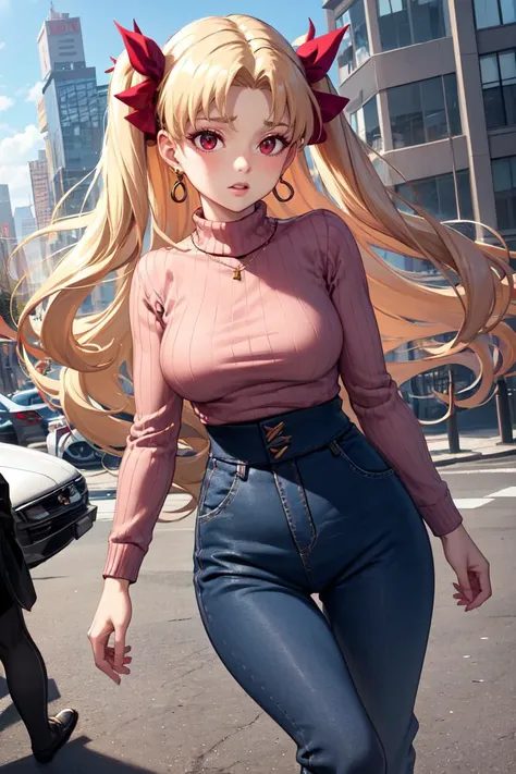 masterpiece, best quality, absurdres, Ereshkigal, two side up, hair ribbon, sweater, ribbed sweater, long sleeves, high-waist pants, outdoors, city, <lora:CHAR-EreshkigalV2:1>