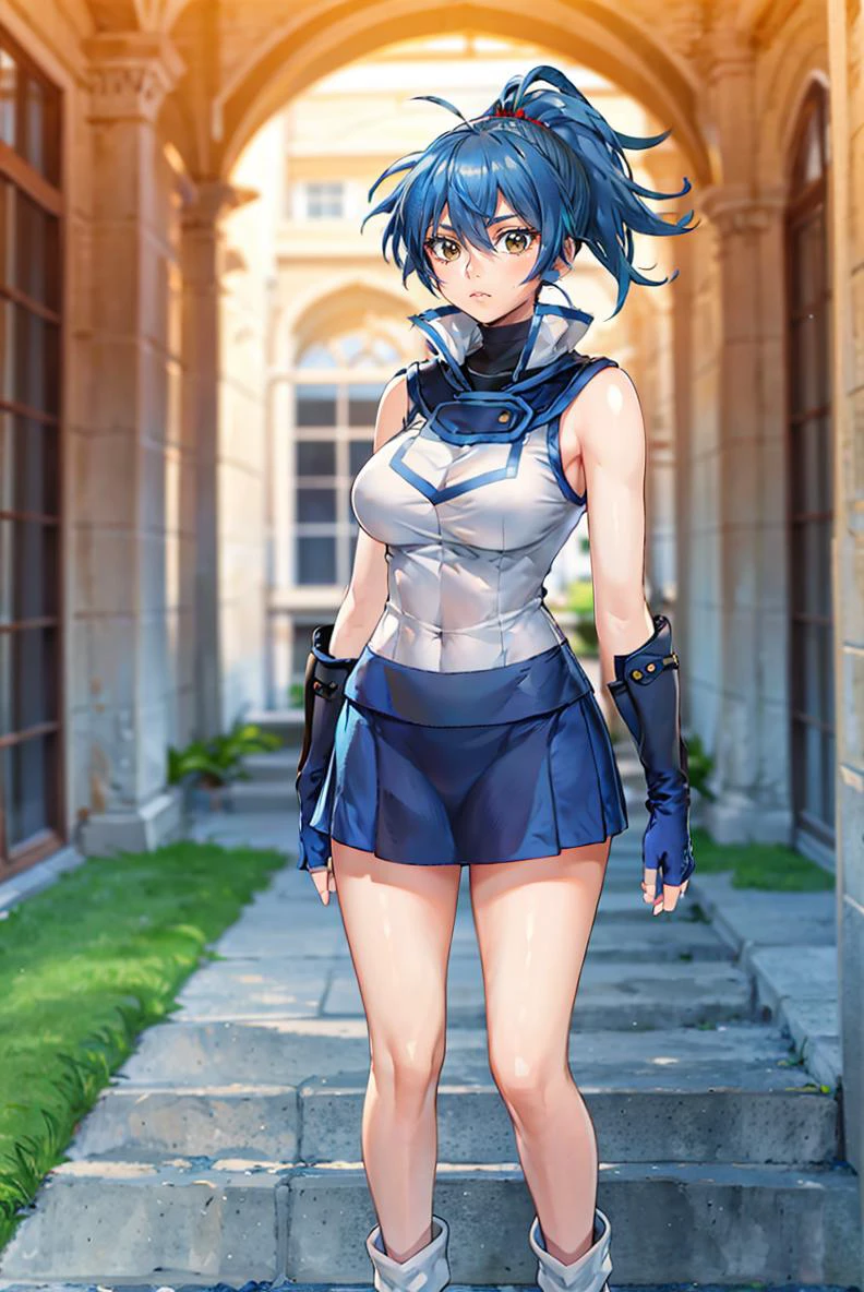 (masterpiece, best quality, beautiful detailed eyes, intricate details), 4k
1girl, solo, standing, full body, school, courtyard, outdoors, day
<lora:manyuuhikenchou_manyuu:0.9> manyuu chifusa, ponytail, brown eyes
<lora:obuniform:0.8> obuniform, sleeveless, bare shoulders, elbow gloves, blue gloves, fingerless gloves, blue skirt, white jacket, blue footwear, boots