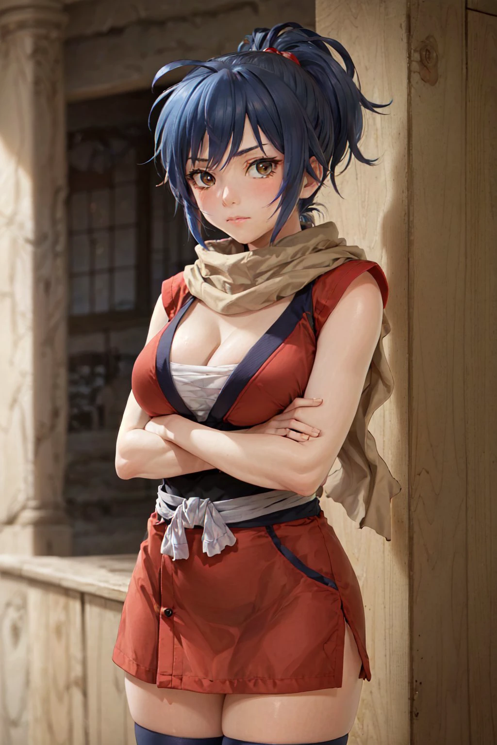 (masterpiece, best quality:1.2), <lyco:manyuuhikenchou_manyuu-10:0.9>, cowboy shot, solo, 1girl, manyuu chifusa, ninja, expressionless, closed mouth, looking at viewer, crossed arms, ponytail, japanese clothes, thighhighs, scarf, cleavage