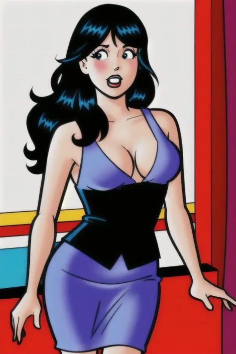 in the Balcony, (Realistic:1.5) 1girl, solo, long hair, breasts, open mouth, black hair, dress, holding, cleavage, standing, Sleeveless blouse with a pencil skirt, <lora:EdobVeronicaLodgeDanParent_v2.0:0.8>