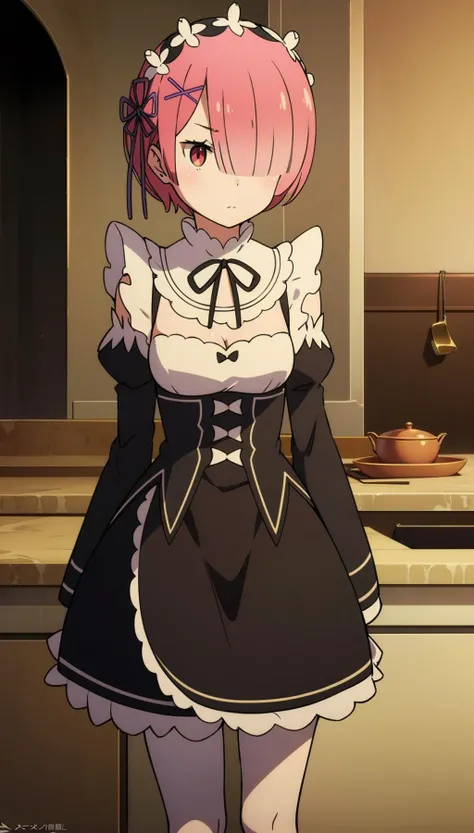 1girl,maid,æå§,purple hair ribbon,short hair,pink hair,hair over one eye,red eyes,x hair ornament,maid headdress,bangs,shiny hair,hair flower,hair ornament,good hand,
detached sleeves,apron,small breasts,ribbon trim,white apron,black neck ribbon,cleavage,dress,frills,black skirt,roswaal mansion maid uniform,waist apron,long sleeves,<lora:æå§1V-000010:0.8>,white pantyhose,leg,thighs,full body,kitchen,in winter,depth_of_field,w_arms,glaring,sulking,, (masterpiece:1,2), best quality, masterpiece, highres, original, extremely detailed wallpaper, perfect lighting,(extremely detailed CG:1.2),