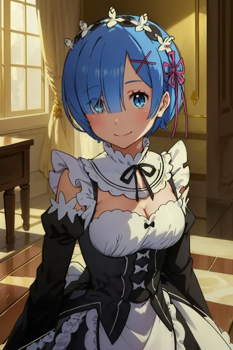 é·å§,1girl,blue eyes,short hair,blue hair,hair over one eye,hair ornament,maid headdress,hair ribbon,x hair ornament,shiny hair,hair between eyes,hair flower <lora:é·å§1V-000010:0.8>
detached sleeves,ribbon,black dress,waist apron,black ribbon,roswaal mansion maid uniform,frills,cleavage,maid,black skirt,bow,choker,frilled skirt,frilled apron,frilled sleeves,frilled dress,
smile, Exquisite visuals, high-definition,masterpiece,best quality,