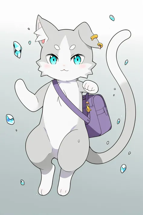 <lora:å¸å
6V:0.8>,cat,cat creature,solo,aqua eyes,<lora:add_detail:0.3>,<lora:è°æ´colorful_V1_lbw:0.3>,ice world,
Long tail,grey tail,white tail,Leaf-like markings,cat ear earrings,Curly hair tuft,white cat hand,white cat feet,white eyebrows,grey cat body,one hand up,floating,purple bag,, Exquisite visuals, high-definition,masterpiece,best quality,