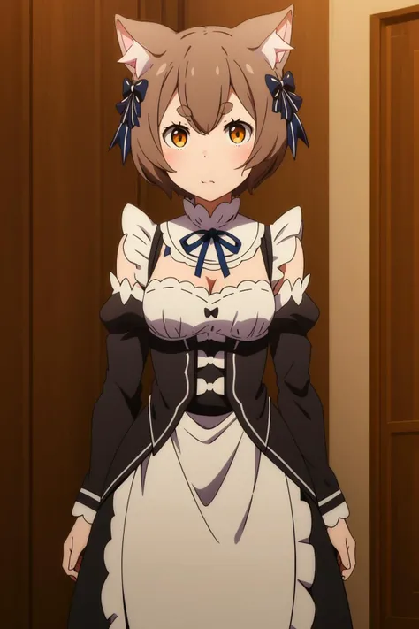 è²å©å
æ¯Â·é¿çå°,1boy,otoko no ko,animal ears,cat ears,solo,brown hair,hair bow,bangs,bob cut,short hair,brown eyes,hair between eyes,thick eyebrows,short eyebrows,fang,otoko no ko,
detached sleeves,apron,small breasts,ribbon trim,white apron,black neck ribbon,cleavage,dress,frills,black skirt,roswaal mansion maid uniform,waist apron,long sleeves,
<lora:ä»é¶åé4V:1>,<lora:add_detail:0.3>,<lora:è°æ´colorful_V1_lbw:0.3>,castle,, Exquisite visuals, high-definition,masterpiece,best quality,Exquisite visuals,high-definition,masterpiece,best quality,18yo,Young female,Beautiful Fingers,Beautiful long legs,Beautiful body,Beautiful character design,