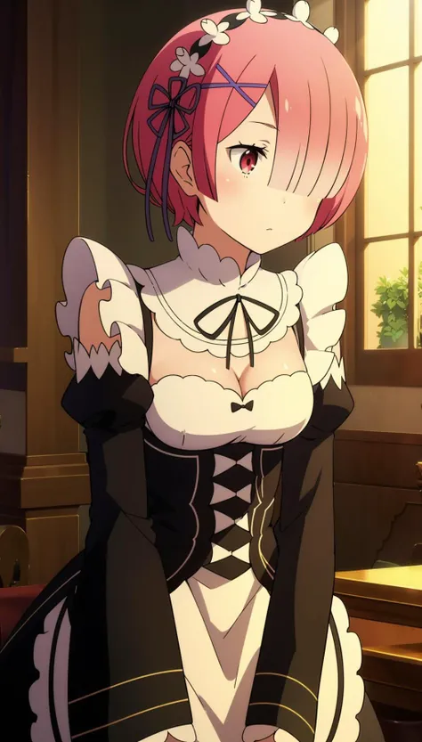 1girl,maid,æå§,purple hair ribbon,short hair,pink hair,hair over one eye,red eyes,x hair ornament,maid headdress,bangs,shiny hair,hair flower,hair ornament,good hand
detached sleeves,apron,small breasts,ribbon trim,white apron,black neck ribbon,cleavage,dress,frills,black skirt,roswaal mansion maid uniform,waist apron,long sleeves, <lora:æå§1V-000010:0.8>,lens flare,sparkle,;),, (masterpiece:1,2), best quality, masterpiece, highres, original, extremely detailed wallpaper, perfect lighting,(extremely detailed CG:1.2),