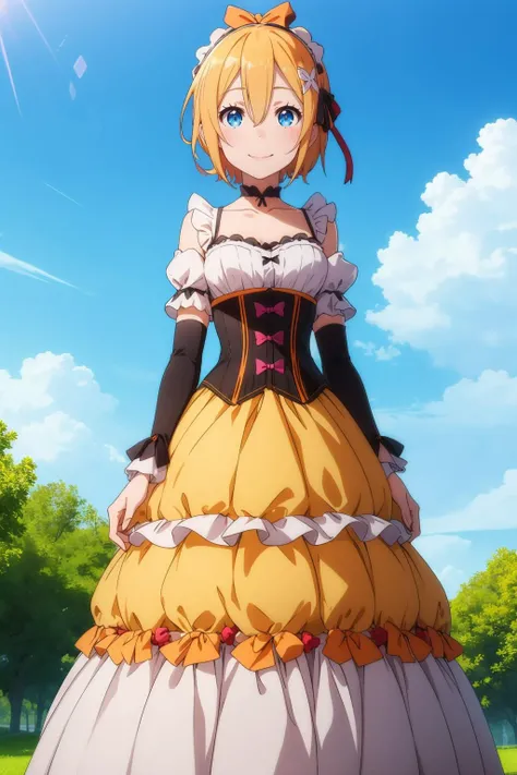 <lora:ä»é¶åé4V-000007:0.8>,é·å§,1girl,blue eyes,short hair,blue hair,hair over one eye,hair ornament,maid headdress,hair ribbon,x hair ornament,shiny hair,hair between eyes,hair flower,smile,full body,
<lora:add_detail:0.3>,<lora:è°æ´colorful_V1_lbw:0.3>,outdoors,nature,sky,
è²é²ç¹å
¬ä¸»è£,orange hair bow,black hair bow,elbow gloves,bare shoulders,jewelry,choker,collarbone,detached sleeves,orange bow,yellow dress,puffy short sleeves,corset,frills,strapless dress,short sleeves,(long dress:1.4),, Exquisite visuals, high-definition,masterpiece,best quality,Exquisite visuals,high-definition,masterpiece,best quality,18yo,Young female,Beautiful Fingers,Beautiful long legs,Beautiful body,Beautiful character design,
