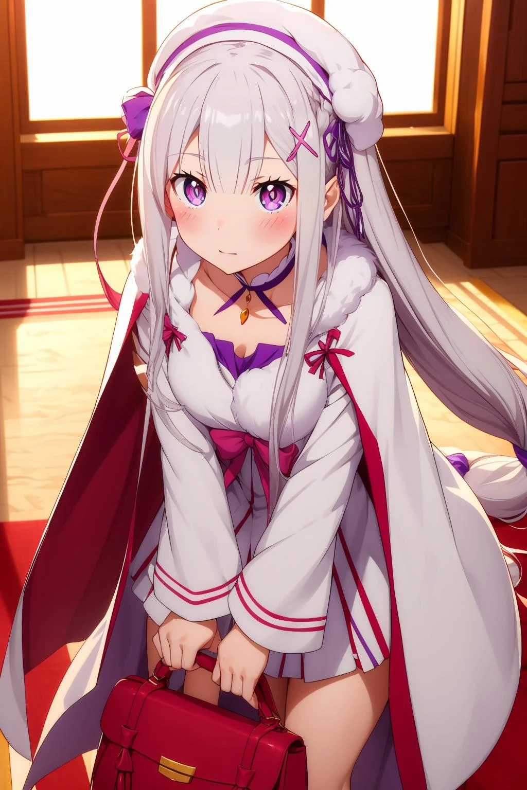 <lora:ä»é¶åé4V-000007:0.8>,ç±èèé
,1girl,emilia (re:zero),pointy ears,grey hair,white hair,very long hair,blunt bangs,purple eyes,crown braid,sidelocks,x hair ornament,hair flower,purple ribbon,very long hair,å®å¨å¡è¥¿äºÂ·åè¾
<lora:add_detail:0.3>,<lora:è°æ´colorful_V1_lbw:0.3>,indoors,standing,
white plush hat,pink bow,white choker,necklace,white dress,long sleeves,red handbag,white cape,fur trim,white sphere,, Exquisite visuals, high-definition,masterpiece,best quality,Exquisite visuals,high-definition,masterpiece,best quality,18yo,Young female,Beautiful Fingers,Beautiful long legs,Beautiful body,Beautiful character design,