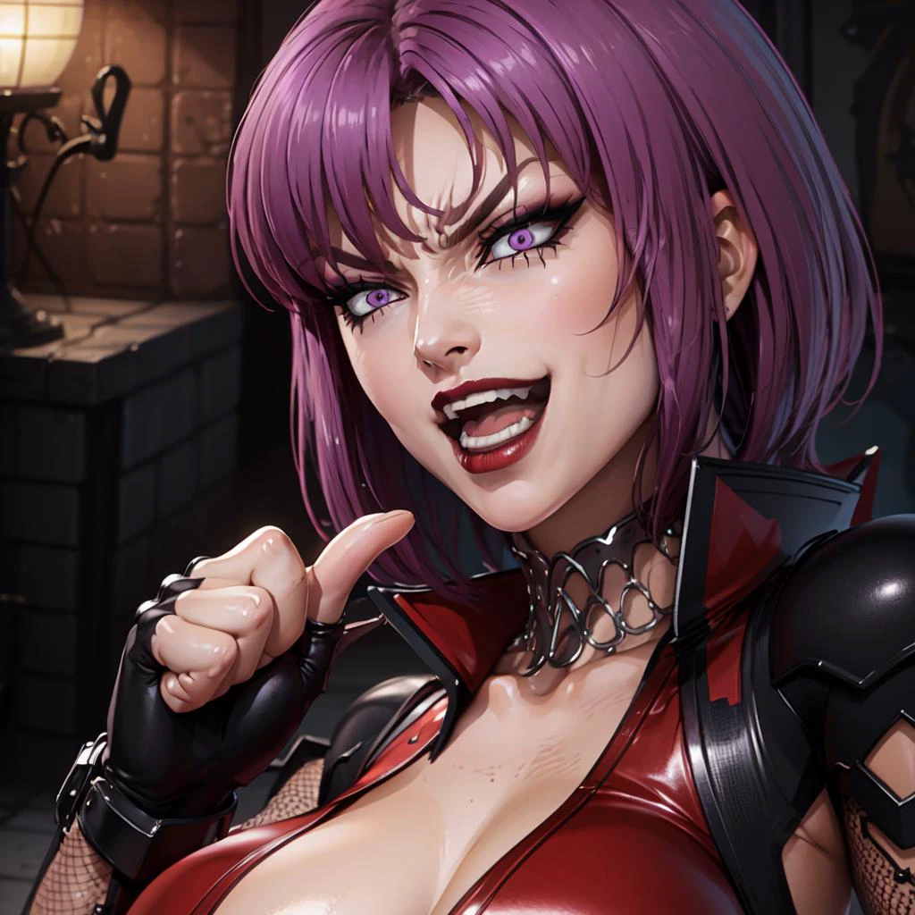 (highres, high quality:1.3), intricate details, vibrant image, sharpness, colorful, soft lighting,
Oboro, biwm, (pointing_at_self:1.3), shouting, angry, smirking, open mouth,
purple hair, short hair, lipstick, makeup, purple eyes, detailed hair, detailed face,
red bodysuit, extremely detailed fishnet,
curvy, large breasts, cleavage,
<lora:OboroV2:0.9> <lora:biwm:0.7>
