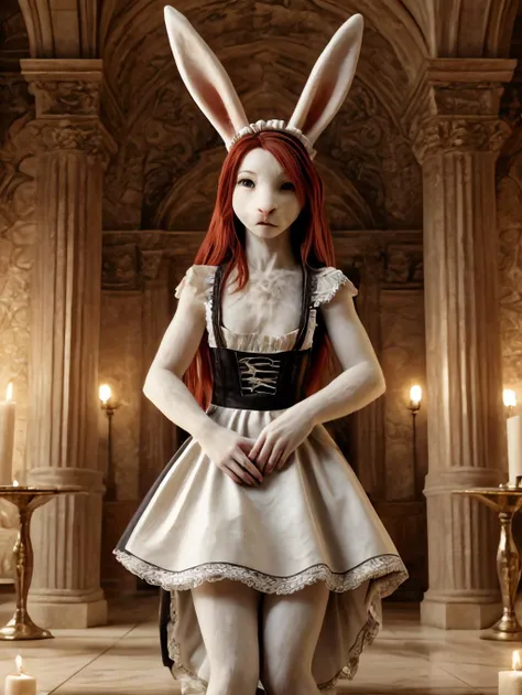 realistic, masterpiece, best quality, (anthro rabbit:1.3), (pure white fur:1.3), (raised ears:1.2), small breasts, luxurious (red hair:1.2), absurdly long hair, detailed eyes, pretty face, insanely detailed fur, (black French maid outfit:1.2), short frilly skirt, grand ballroom, marble floors, candlelight, SFW, 8K, HDR, ultra detailed, <lora:MIO-Feline15RS:0.5>