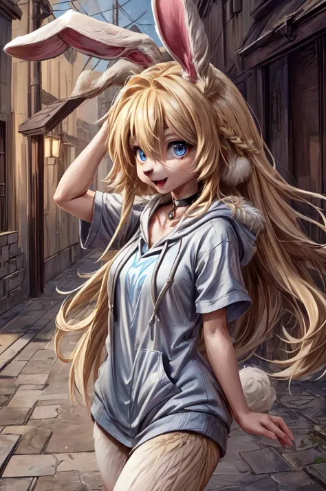 (detailed eyes:1.3), Beautiful Lighting,  (1girl:blue  eyes, blonde hair, absurdly long hair, hair intakes, (hair between eyes:1.1)),  <lora:Tool - Detail up:0.5>, photo realistic,
(outdoors, alley:1.3), (hoodie:1.3), black choker, short sleeves, dynamic angle, (bottomless:1.2),
 <lora:MIO-Furry3:1:lbw=0,0.6,1,1,1,1,1,1,1,1,1,1,1,1,1,1,0>, anthro rabbit,cowboy shot, (fur:1.2), open mouth, smile,