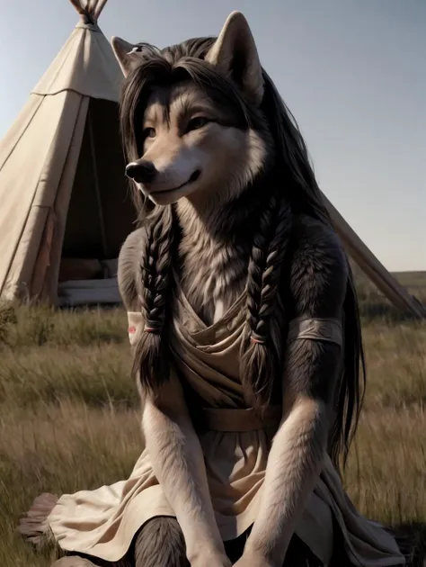 realistic, masterpiece, best quality, anthro Wolf, female, pretty feminine face, furry female, canine nose, small breasts, braided black hair, Native American style, brown deerskin dress, feather in hair, open plains, teepee, prairie grasses, <lora:MIO-Furry3RS:0.8>