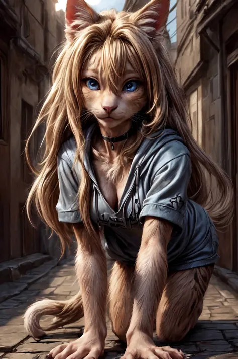 (detailed eyes:1.3), Beautiful Lighting,  (1girl:blue  eyes, blonde hair, absurdly long hair, hair intakes, (hair between eyes:1.1)),  <lora:Tool - Detail up:0.5>, photo realistic,
(outdoors, alley:1.3), (hoodie:1.3), black choker, short sleeves, dynamic angle, (bottomless:1.2),
 <lora:MIO-Furry3:1:lbw=0,0.6,1,1,1,1,1,1,1,1,1,1,1,1,1,1,0>, anthro cat, (no hair:1.5), all fours,