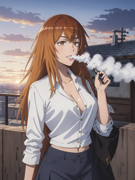(masterpiece:1.2, best quality:1.1, highres,absurdres, high quality),(photorealistic:1.1),reflected light, colorful,ultra-detailed, ultra hd, super detailed,
gamo, long hair, orange hair, orange eyes, brown hair, white shirt, smirk,black miniskirt, open shirt,unbuttoned shirt,no bra, navel, school rooftop,((vapingnation, smoking, smoke)),sunset, open mouth,
<lora:Gamo_ChanV1.3:0.6> <lora:VapingNation:0.8>