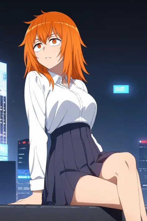 1girl, solo,sitting, cyberpunk cityscape,night city \(city\), stealth in the city, masterpiece, school uniform, professional artwork, famous artwork, perfect face, orange hair, (glowing eyes:1), beautiful face, intense look, ((perfect female body, narrow waist)), background city, <lora:Gamo Chan:0.8>