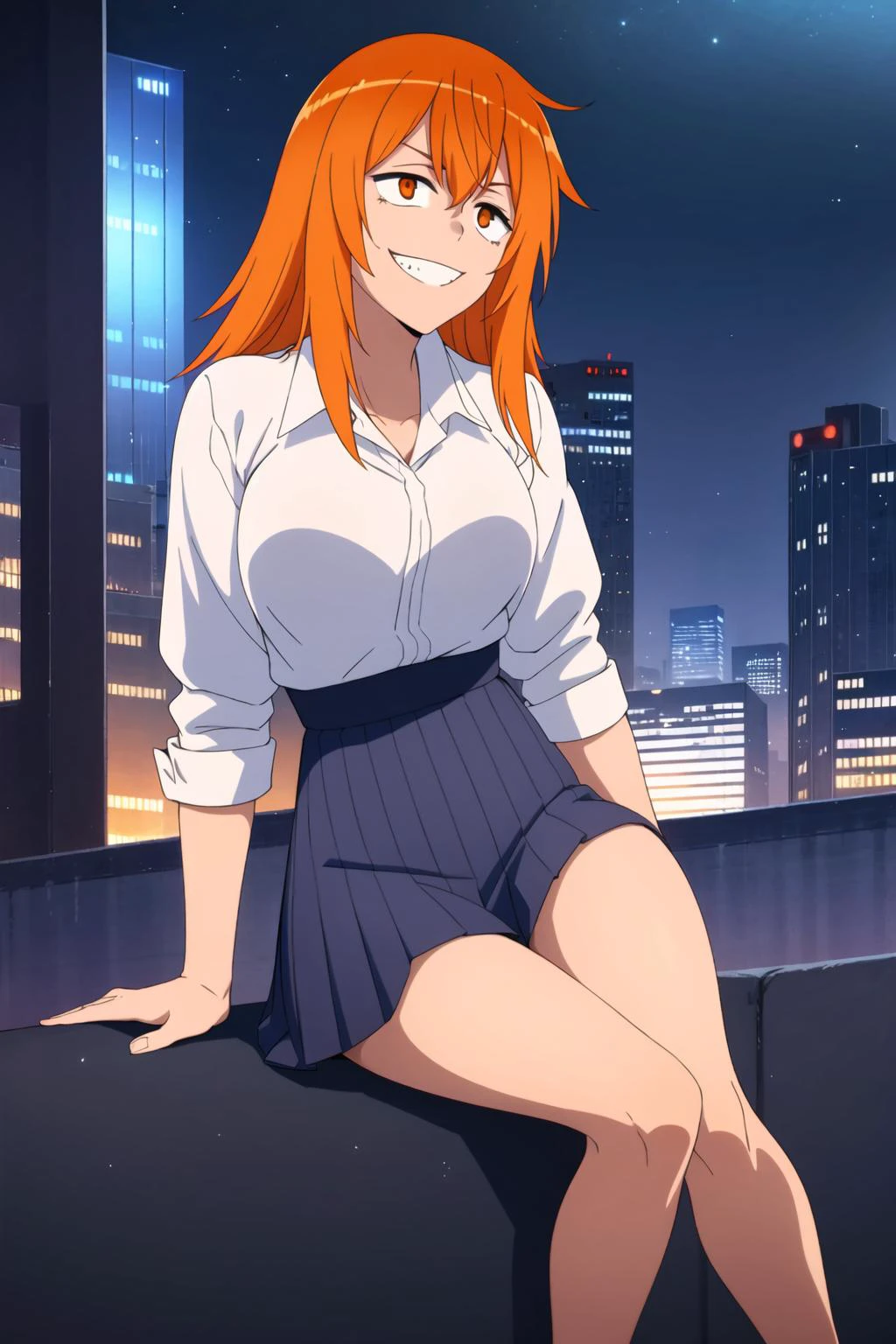 1girl, solo,sitting, cyberpunk cityscape,night city \(city\), stealth in the city, masterpiece, school uniform, professional artwork, famous artwork, perfect face, orange hair, (orange eyes:1), beautiful face, evil smile, ((perfect female body, narrow waist)), background city, <lora:Gamo Chan:0.8>
