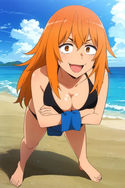 Gamo is lying on a colorful beach towel, sunbathing topless. Her tanned skin shines in the sunlight, and his expression is relaxed but with a touch of mischief in his half-closed eyes. He has one hand resting behind his head while the other rests on his abdomen.. Her long orange hair is slightly disheveled by the sea breeze.. Around it, The golden sand and gentle waves of the sea complete the scene, with some palm trees in the background adding a tropical touch