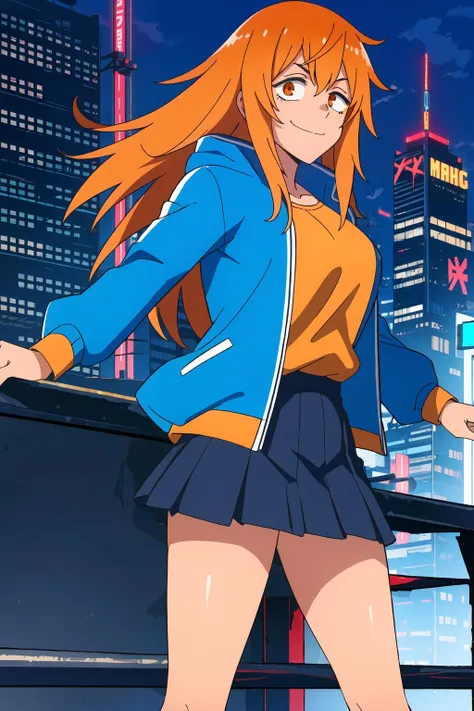 "1girl, Asuka Langley Soryu, Neon Genesis Evangelion, medium breast, red hair clips, school pool,lovely smile,futuristic town, navy swimsuit, masterpiece, best quality, very aesthetic,grand plix award illustration,absurdres, detailed face, cowboy shot, daytime, neo-tokyo-3 skyline"