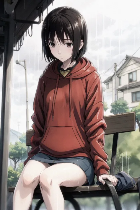 nakahara_misaki, (red hoodie:1.1), solo, denim skirt, hood up, outdoors, rain, sad, empty eyes, cloudy sky, dark, bench, sitting, bus stop, lonely, looking down, wet clothes, wet hair, rural, <lora:merrytail_nakahara-misaki_v10-05:1>