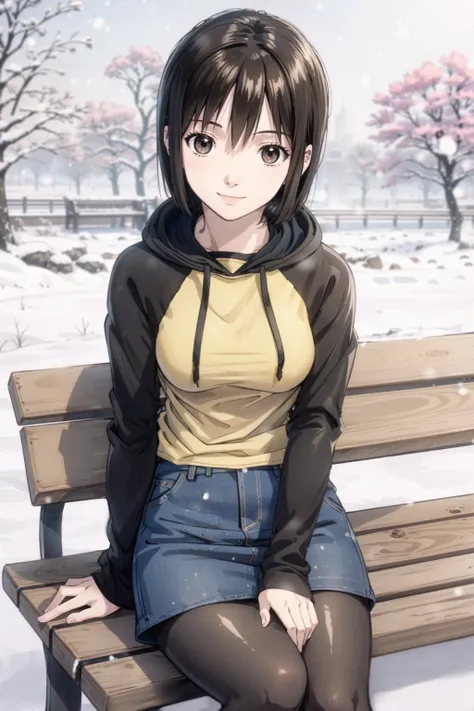nakahara_misaki, 1girl, solo, two-tone shirt, black sleeves, bench, raglan sleeves, denim skirt, coat, hood, hood down, light smile, outdoors, pantyhose, sitting, snow, winter, tree, <lora:merrytail_nakahara-misaki_v10-05:1>