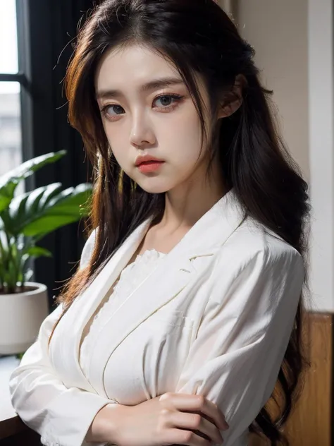 fashion photography portrait,professional lighting,Accurate describe shapes,(ojou-sama pose:1.2),looking at viewer,(medium long shot:1.3),(huge breasts:1.2),brown hair,(medium hairt style:1.3),closed mouth,sexy young athletic proportion body,(pearl-white gauze woman business suit:1.3),catch-lights,1girl,(disdain:1.2),(contempt:1.2),smug,(evil smile:1.1),(lazy gaze:1.2),(face focus:1.2),bedroom,potted plants,<lora:beautiful woman in formal dress_æ­£è£ç¾å¥³:0.8>,