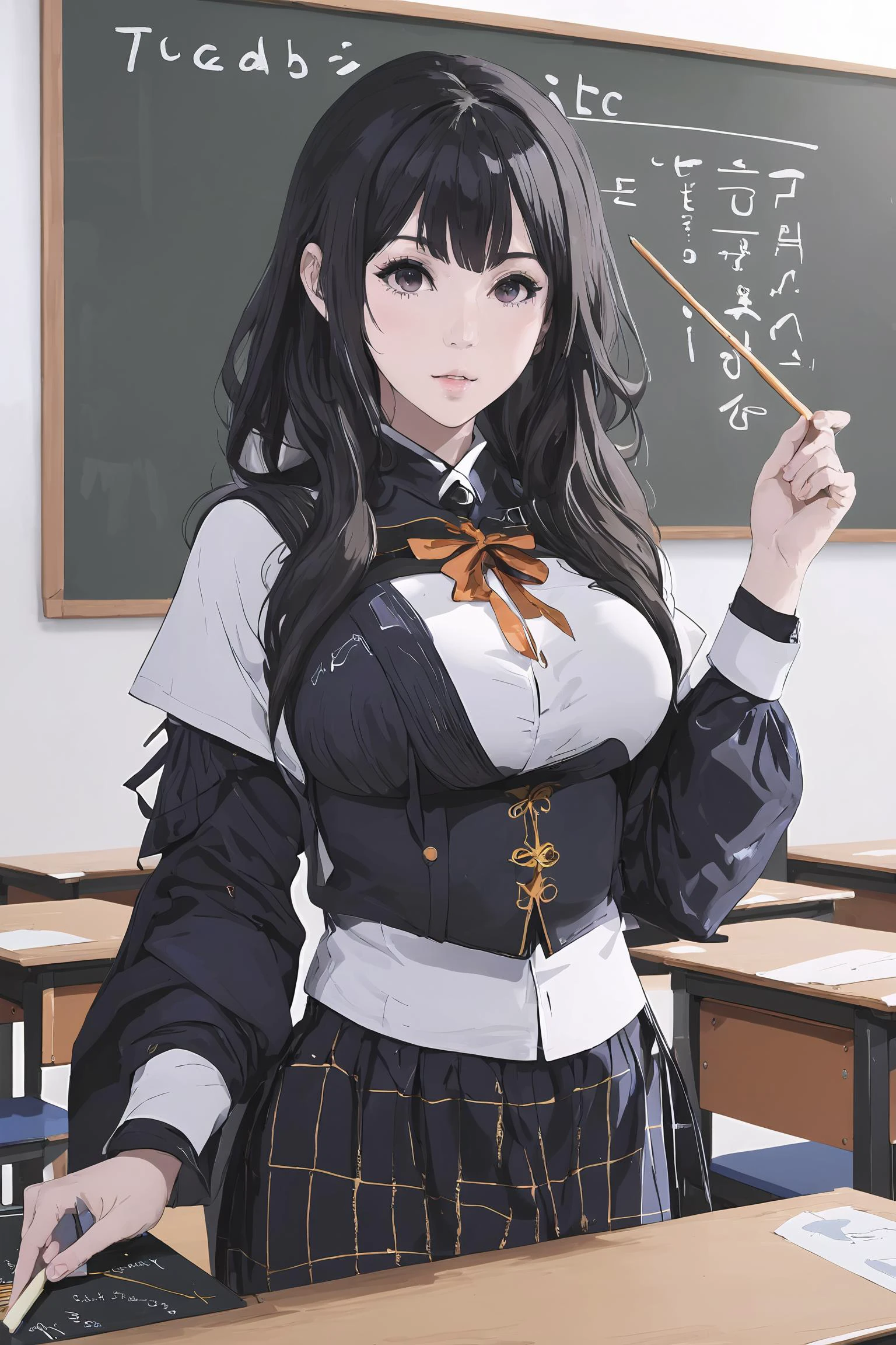 masterpiece, best quality, 1girl, <lora:kwFemale_Beta40-SDXL_v1:1>, asian, waifu, cleavage, teacher,classroom,blackboard,pointer