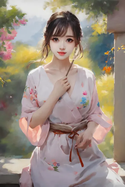 masterpiece, best quality, <lora:style16:1>,1girl, solo, braid, twin braids, flower, chinese clothes, long hair, black hair, rose, lips, brown eyes, peony (flower), dress, hair over shoulder, upper body, traditional media, brown hair, short sleeves, red flower, leaf, painting (medium), twintails, realistic, plant, red rose