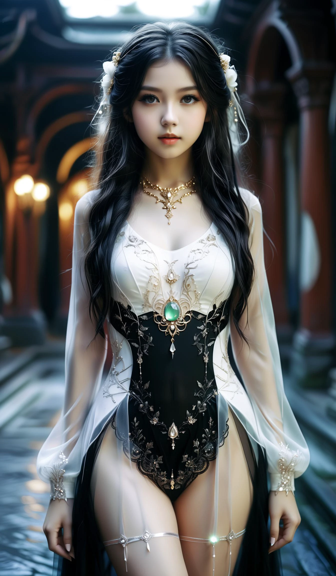 (Best quality,masterpiece,ultra realistic:1.3), (extremely intricate masterful beautiful:1.3), (hyperrealistic photography,photorealistic:1.4), (extremely ultra-detailed),RAW, (natural skin, detailed skin), (skindentation:0.3), (Art Nouveau:1.3),(vivid colors:1.3),(close portrait:1.3),(Beautiful fractal art:1.3),(((photo raw)), Soft Edge Lighting and global illumination Reflection/Refraction and Old Film/Scratches Overlay , ,),girl,1girl,peerlessly beautiful idol, beautiful detailed eyes,showing fashion wear,(see-through_clothing),(very_long_hair),(Elegant posture),glowing,sparkling, film grain texture,analog photography aesthetic,dynamic composition,beautiful spirals, energy coalescing and vibrating,(dynamic angle,dynamic pose),(panoramic view:1.3),
gothic_ta,wearing see-through (wedding_dress:1)
(roomy upper body clothing, Ribbed, gravitational nanofiber, watercolor brush, long sleeves, floor-length, Natural Waist, utility loops,,Enzyme Wash,,Drawstring Waist),(incandescent vivacious jade, pearly, platinum, impact resistance, enhancement method, exclusive, high fashion, prehistoric, religious symbols),(spaceport, keystone,underground tunnel),(immersive tunnel),(holographic co-living spaces, Exposed Aggregate Concrete, Halogen Floodlights,Solar-Powered Lights, black lights),
(gold),(silver),colorful aura,diamond,platinum, luxury,charming,alluring,seductive,erotic,enchanting,cleavage,panties,
SimplePositiveXLv2<lora:sd_xl_dpo_lora_v1:0.7><lora:MJ52:0.3><lora:kwFemaleBeta42_SDXL_v1:1>