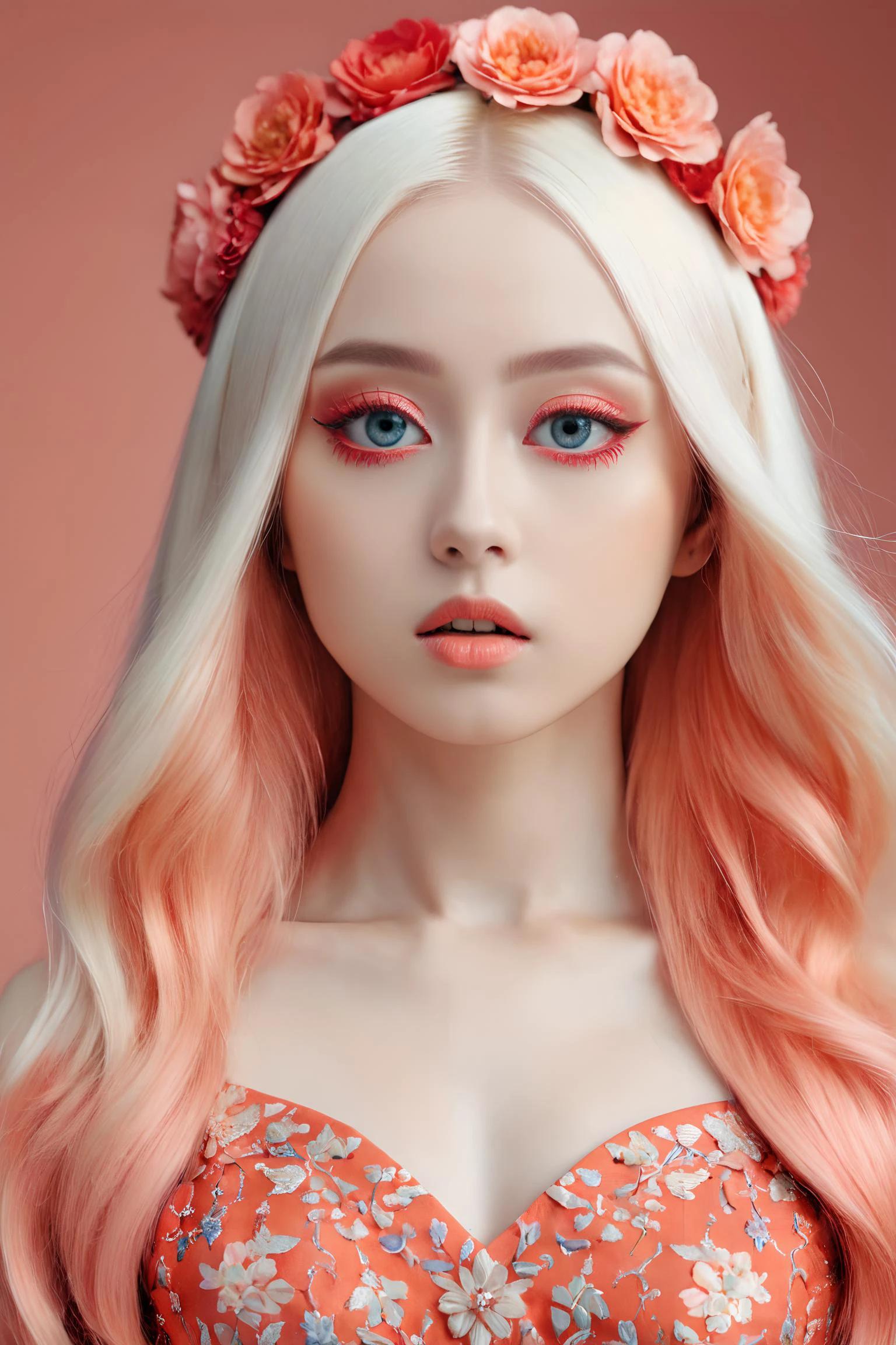 masterpiece, best quality, 1girl, <lora:kwFemaleBeta42_SDXL_v1:1>,
a commercial photo portrait of instagram model, the Ethereal Portraits, fashionable 2020's Japanese girl, detailed skin texture, hyper real photo, , Albinism and Heterochromia by Bella Kotak, girly portrait in studio shoots, Albina Albina, Feminine portrait, bust-up shot, intricate fantasy dress, taken by professional studio lighting, 150mm lens, PhaseOne, digital backs, medium format, , 150mm portrait, photography, photo taken with a Hasselblad H4D, taken with PhaseOne IQ180, IQ160, IQ140, P65+, P45+, "digital back", extremely detailed, Leaf Aptus, perfect skin, detailed skin, hyper reality, perfect face, (coral red:1.6) hair, (coral red:1.6) background, dress head completely covered with (coral red:1.6) flowers, (coral red:1.6) color filter,