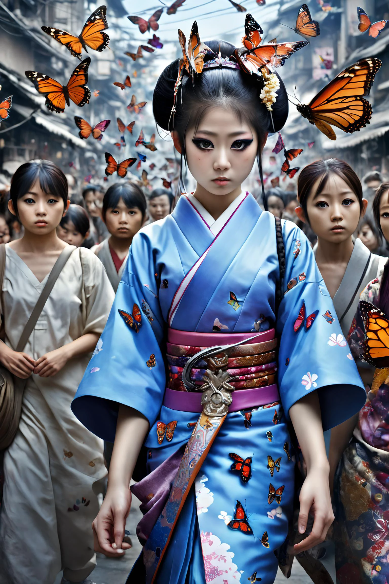 masterpiece, best quality, 1girl, <lora:kwFemaleBeta42_SDXL_v1:1>,
Hideyuki Ashizawa, hyperrealistic image depicting a crowded pilgrimage of anthropomorphic biopunk butterflies, bold lines, hyper detailed, cyborg geisha, ghost of the past, present and the future. In a surreal colour world, intricate detail, high detail, artstation trends, sharp focus, studio photography, intricate details, inspiration