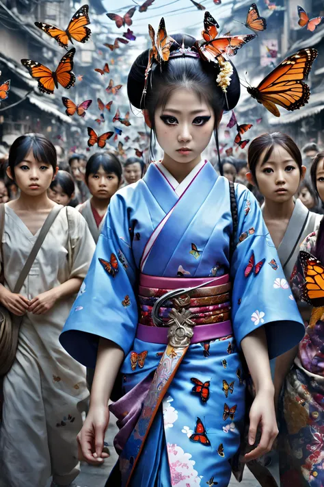 masterpiece, best quality, 1girl,  <lora:kwFemaleBeta42_SDXL_v1:1>,
Hideyuki Ashizawa, hyperrealistic image depicting a crowded pilgrimage of anthropomorphic biopunk butterflies, bold lines, hyper detailed, cyborg geisha, ghost of the past, present and the future. In a surreal colour world, intricate detail, high detail, artstation trends, sharp focus, studio photography, intricate details, inspiration