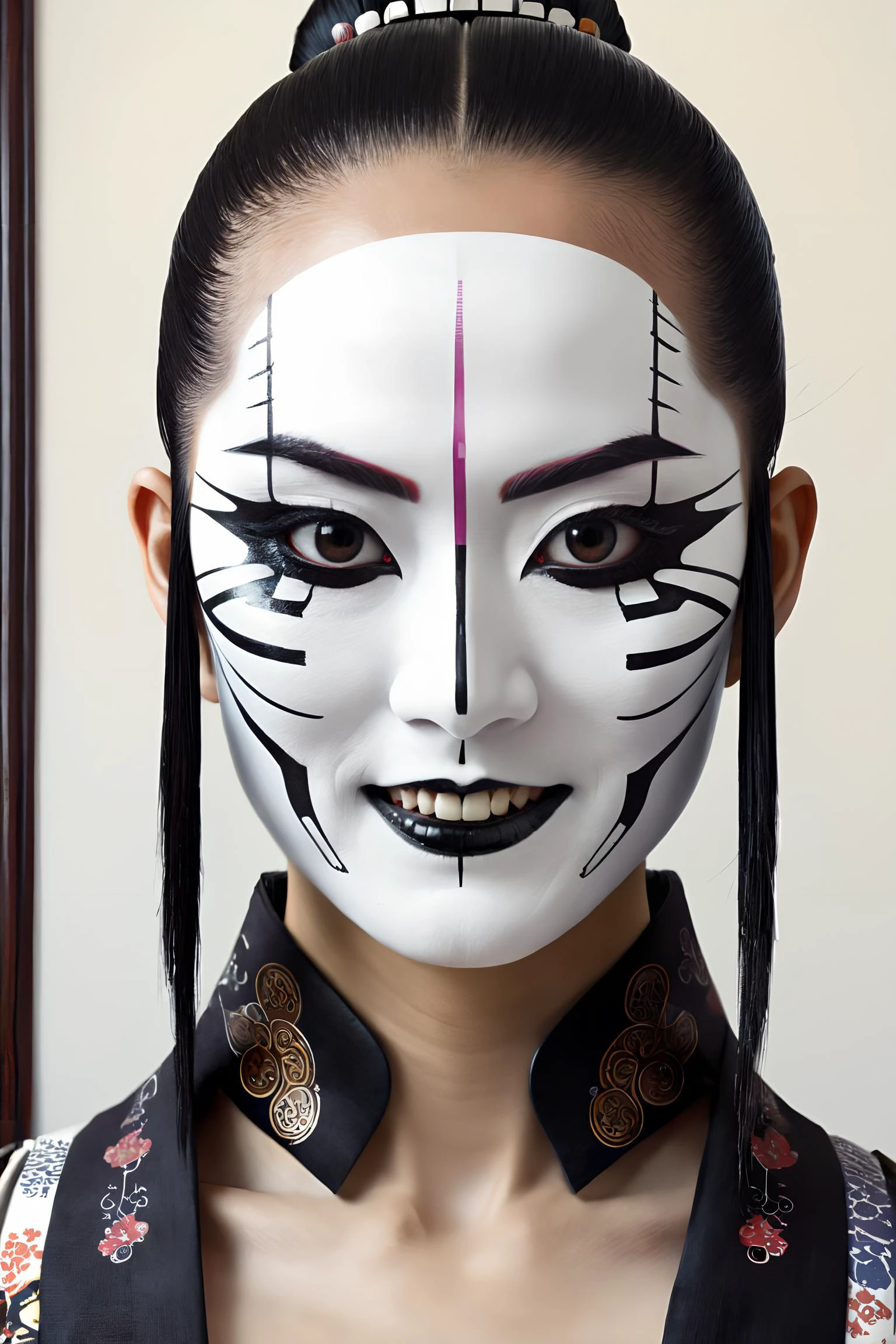 masterpiece, best quality, 1girl, <lora:kwFemaleBeta42_SDXL_v1:1>,
upper body, cyborg geisha samurai white face, symmetrical print, Ian McQue, Steven Klein, James Gilleard,hair cut, smile, black teeth, poster, masterpiece, hyper detailed