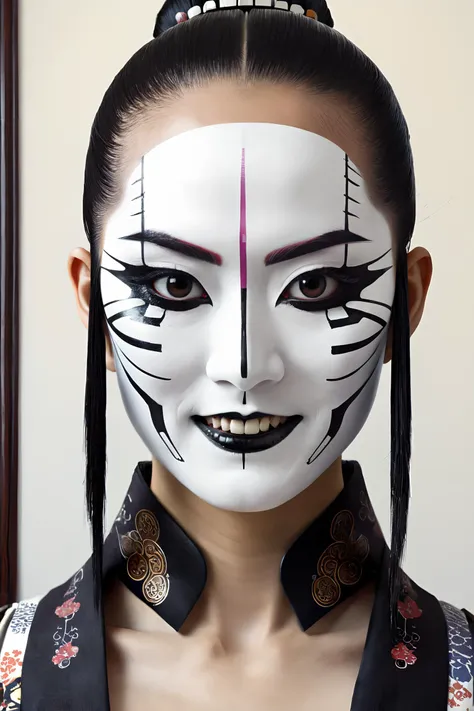 masterpiece, best quality, 1girl,  <lora:kwFemaleBeta42_SDXL_v1:1>,
upper body, cyborg geisha samurai white face, symmetrical print, Ian McQue, Steven Klein, James Gilleard,hair cut, smile, black teeth, poster, masterpiece, hyper detailed