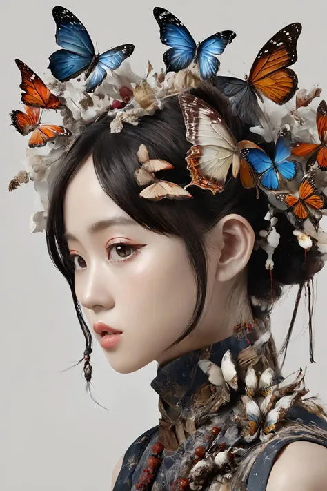 Realistic、(masterpiece、Highest quality、Highest quality、Official Art、beautifully、aesthetic:1.2)、Very detailed、woman，日本人woman，Fractal Art、colorful、The finest details、Tangled、(The background is bright and abstract:1.5)、Bright Eyes、Back to all、Masseter region，High resolution，Idol、clavicle、photograph、movie、Eyes from below，Long Hair，View your audience、Cleavage，((surrealist clothes:1.4))，Puffy eyes，sit，