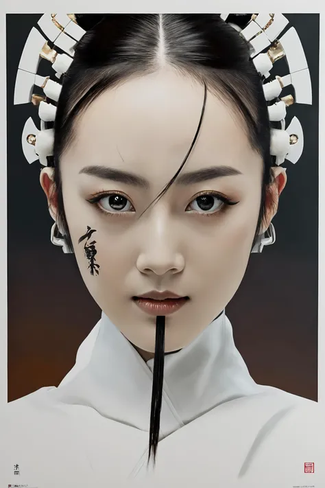 masterpiece, best quality, 1girl, <lora:kwFemaleBeta42_SDXL_v1:1>,
upper body, cyborg geisha samurai white face, symmetrical print, Ian McQue, Steven Klein, James Gilleard,hair cut, smile, black teeth, poster, masterpiece, hyper detailed