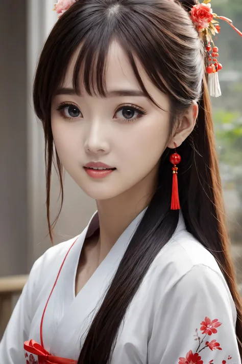 film portrait photography, 1girll, exposed bare shoulders, Wavy shoulder-length hair,Ming dynasty gorgeous red long-sleeved Hanfu, peacful, (Realistic detailed eyes, Natural skin texture, Realistic facial details), Soft dramatic lighting, depth of fields, Bokeh, vibrant detail, finedetail, hyper realisitc, 35mm film, Hazy and blurry, cinematic ligh,Petite,dual horsetail,Bow knot