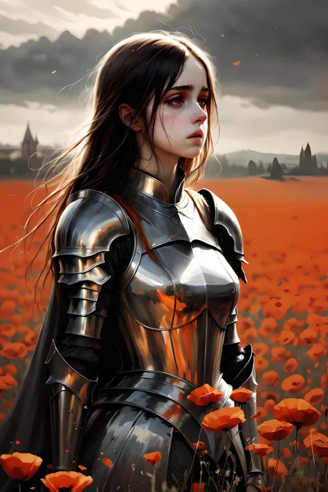 masterpiece, best quality, 1girl,  <lora:kwFemaleBeta42_SDXL_v1:1>, 
linquivera, coquelicot, beautiful woman, sorrowful expression, faded elegance, poignant atmosphere, lost beauty, melancholic aura, hauntingly captivating, timeless grief, stark contrast, delicate decay, line art, backlighting, wind, backlighting, stardust, (wind:1.2), knight, orange blood