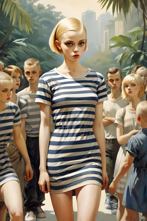 masterpiece, best quality, 1girl, <lora:kwFemaleBeta42_SDXL_v1:1>,
Concept art, (a crowd of busty young blonde woman:1.1) , wearing Striped dress and sneakers, The Striped dress and sneakers rolled up sleeves, Caramel hair styled as Buzz cut with a fade, jungle in background, Pastel Goth Art, stylized by Tran Nguyen, Raphael Soyer and László Moholy-Nagy
