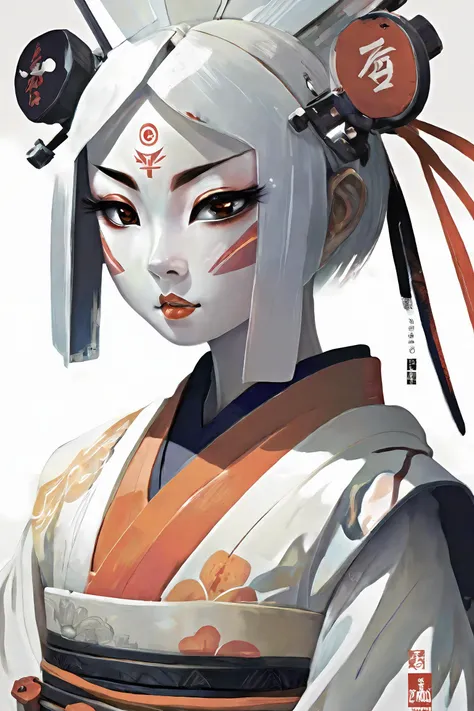 masterpiece, best quality, 1girl, <lora:kwFemale_Beta40-SDXL_v1:1>,
upper body, cyborg geisha samurai white face, symmetrical print, Ian McQue, Steven Klein, James Gilleard,hair cut, smile, black teeth, poster, masterpiece, hyper detailed