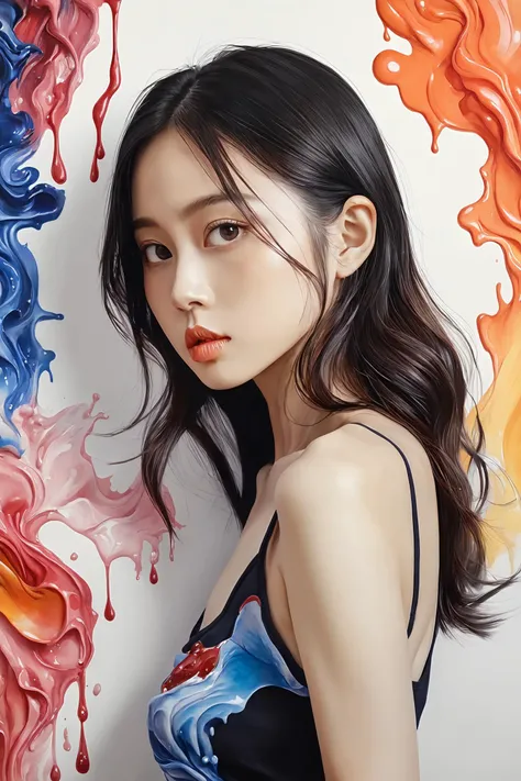 Colorful, multiple colors, intricate detail, splash screen, photorealistic, intricately detailed fluid gouache painting, calligraphy, acrylic, watercolor art,
masterpiece, best quality, 1girl,  <lora:kwFemale_Beta40-SDXL_v1:1>, asian,waifu,cleavage