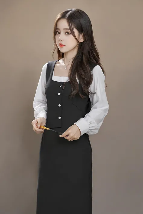 Realistic photos of 1 cute Korean actress, hair over shoulder, White skin, thin makeup, Bust size 32 inches, slightly smile, Wearing office uniform, on the stairs, upper body portrait, cinematic lighting, UHD