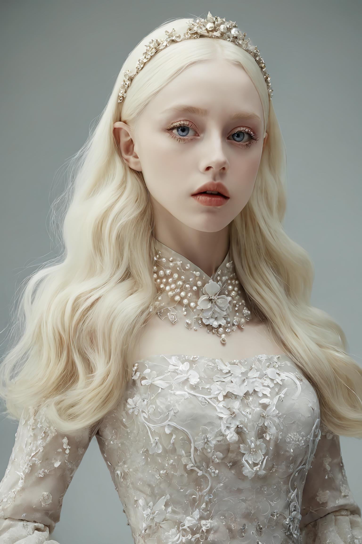 A woman with long blonde hair wearing a white dress and a tia - SeaArt AI