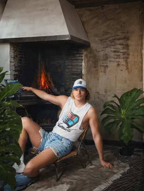 windows95man, a man wearing a white tank top and blue jeans shorts, sitting in a chair at an 80s desktop using a vintage computer, classic 80s interior decoration, masterpiece, best quality, fujifilm x-t4, bokeh, trending <lora:Windows95man:1>  <lora:Tank Top Stringer Shirt SDXL:0.68> extreme low-cut dropped side holes