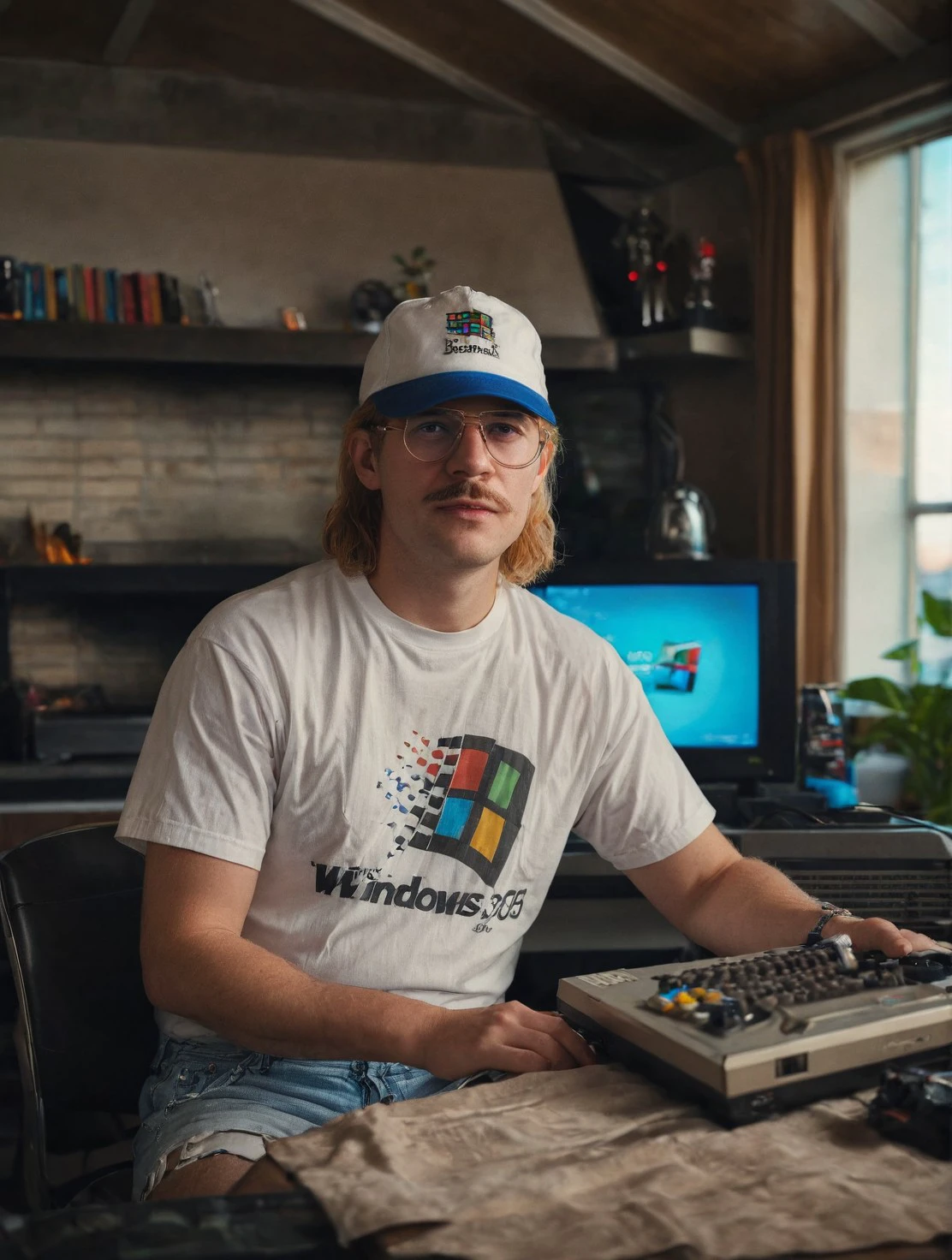 windows95man a man sitting at an 80s desktop, using a vintage computer, classic 80s interior decoration, masterpiece, best quality, fujifilm x-t4, bokeh, trending <lora:Windows95man:0.8>
