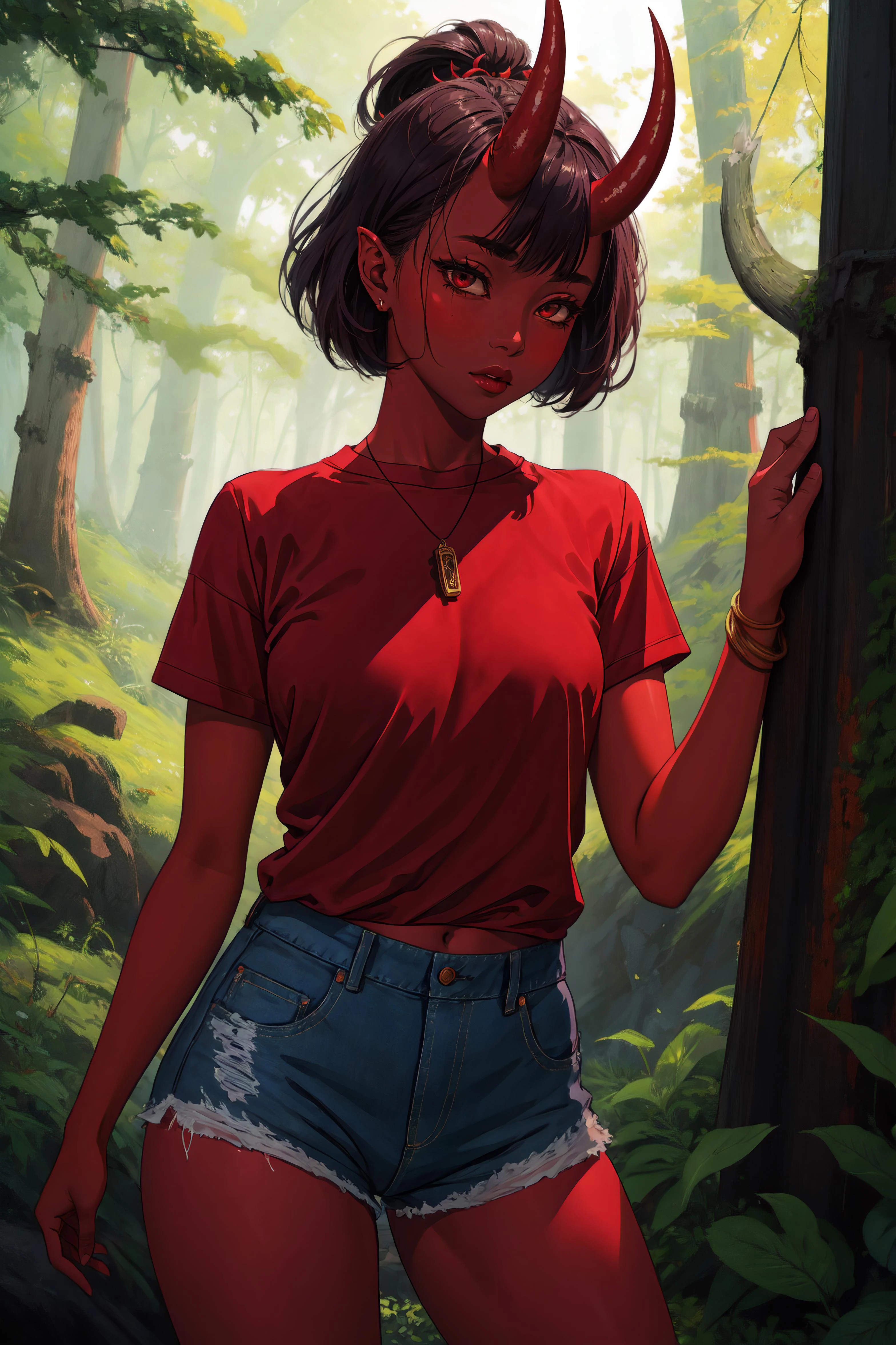 masterpiece, best quality, ultra high res, beautiful, visually stunning, elegant, incredible details, award-winning art, <lora:0n1 - RedOni-000010:0.65>, 0n1, red skin, oni horns, oni, red oni, colored skin, forest, nature, shirt, shorts,